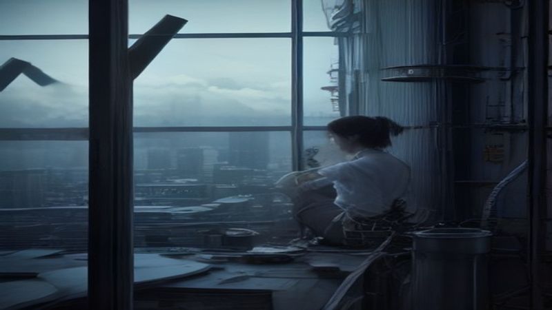 同人文创作者在深夜书房中敲击键盘，屏幕上浮现出她与角色对话的场景